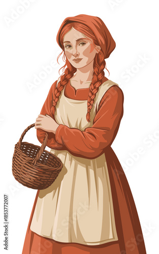 Beautiful peasant woman in traditional dress and headscarf for historical fairytale story