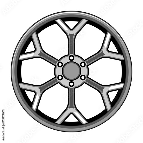 Alloy car wheel illustration with six spokes on a white background, clean minimal vector style highlighting rim, hub and modern metallic design for automotive, repair and performance uses