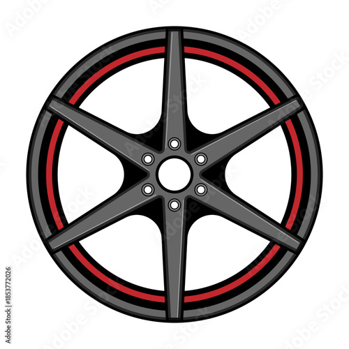 Stylized illustration of a six spoke alloy wheel, presenting a sleek design with a black rim and contrasting red stripe, representing automotive performance and vehicle customization