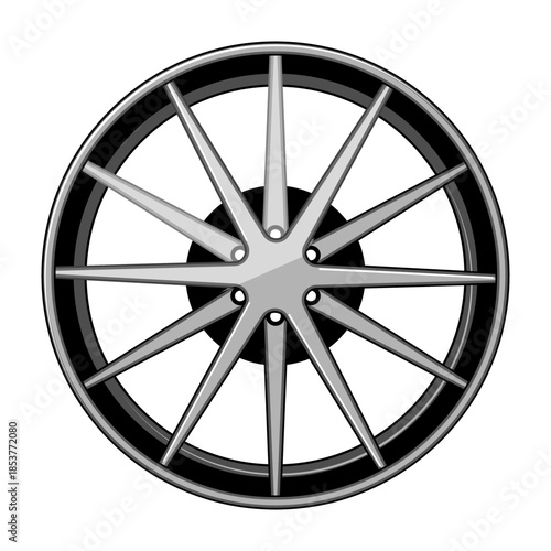 Alloy wheel illustration showcasing a detailed automotive component, featuring multiple spokes and an elegant silver and black finish on a white background, useful for car industry projects