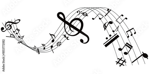 Music notes in wave line, musical wave line sign symbol. Music notes, song, melody, music sound, music wave Vector illustration.