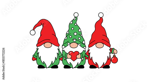 Festive Holiday Gnomes Illustration with Christmas Hats and Hearts