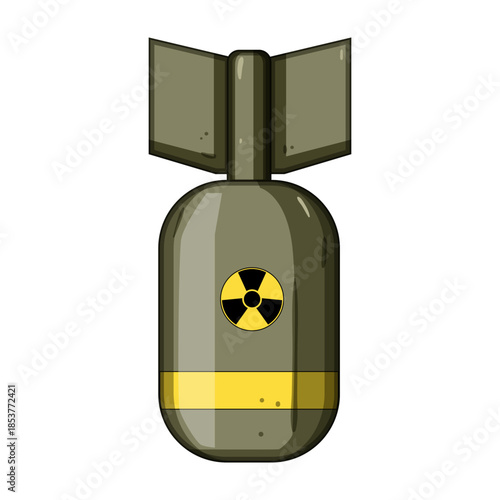 Atomic bomb cartoon featuring a nuclear radiation symbol, representing concepts of war, conflict, energy, danger, destruction, military power, global threat, and weapons of mass destruction