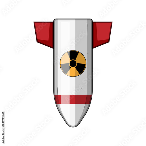 Atomic bomb cartoon with visible radiation symbol representing nuclear weaponry, explosion and fallout themes, warning sign of destructive power, war, global threat and crisis