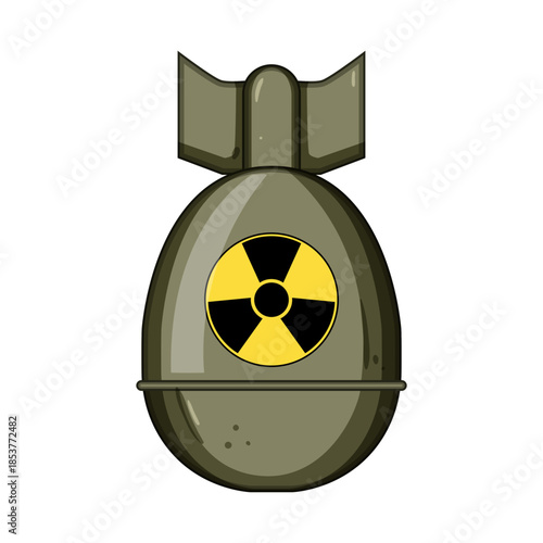 Atomic bomb graphic showing a yellow and black radiation hazard symbol, representing concepts of nuclear power, danger, war, global conflict, and ultimate destruction for peace