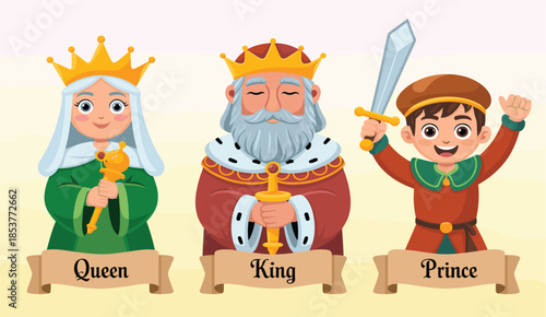 Royal family cartoon characters king queen and prince vector set fairytale illustration