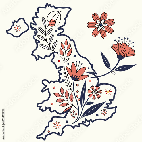 Illustrated map of britain with flowers