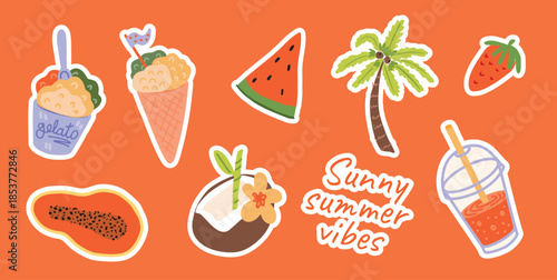 Summer sticker set with fruit, ice cream, gelato, palm tree and tropical drink. Fun and colorful vacation clipart for beach, holiday, travel and tropical design. For cards, posters, banners, web