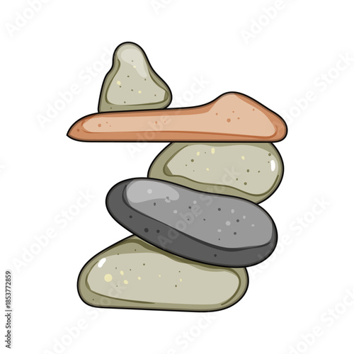 Stacked pebbles forming a cairn structure demonstrates concepts of equilibrium, calmness, harmony, and mindfulness, representing stability and well being in a simple, organic form