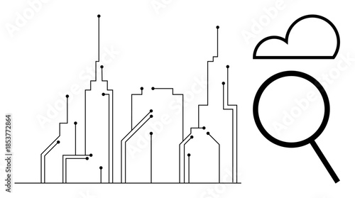 Urban skyline styled as circuits with data connection points, cloud above magnifying glass. Ideal for technology, innovation, urban planning, connectivity, data analytics, smart systems, city
