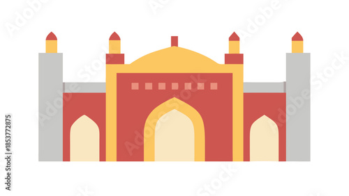 Illustrated mosque with arches and towers