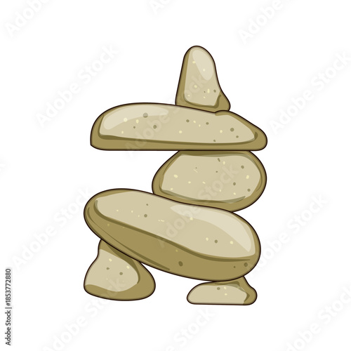 Stacked smooth rocks form an inuksuk inspired sculpture on white, symbolizing balance, harmony, mindfulness and calm in a minimalist, peaceful composition