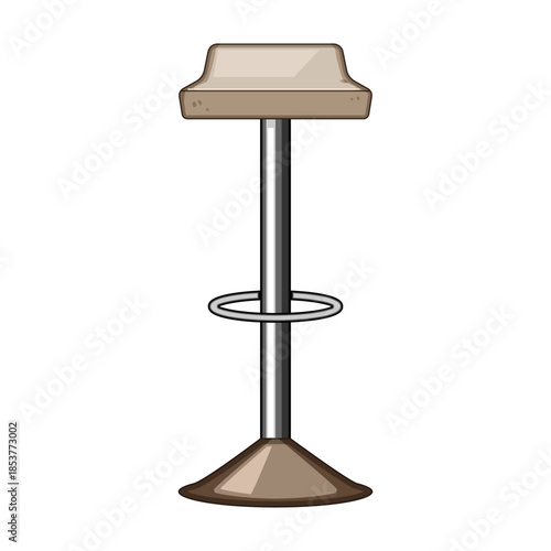 Bar stool illustration featuring a light brown square cushioned seat, a polished metal pole, a footrest ring, and a flared base, standing on a white background