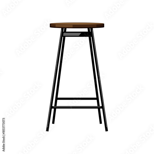 Bar stool showing a contemporary design with a round, dark wooden seat and sleek, tall black metal legs, representing modern furniture for kitchens, cafes, or restaurant interiors