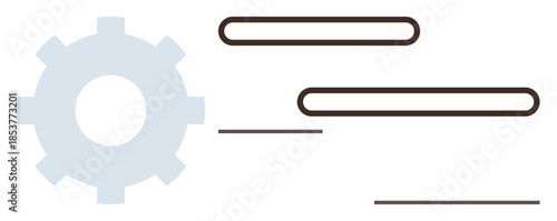 Grey gear icon alongside minimal abstract text elements demonstrates systematic workflow, efficiency, and project management. Ideal for technology, productivity, innovation, business, strategy