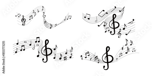 Music notes in wave line, musical wave line sign symbol. Music notes, song, melody, music sound, music wave Vector illustration.