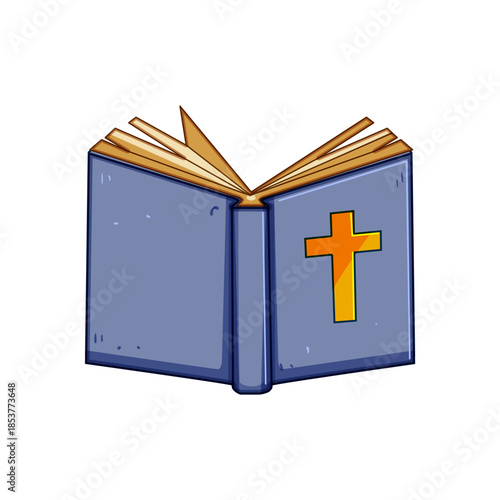 Open holy book with a prominent golden christian cross on its blue cover, symbolizing faith, religion, studying scripture, and spirituality in a cartoon illustration style