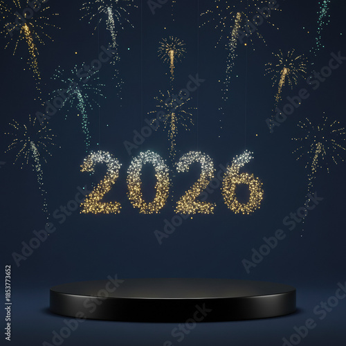 New Year's Eve Celebration: Festive fireworks light up the night sky above a stage, with a shimmering '2026' marking the dawn of a new year. A perfect image for celebration of the coming year.
