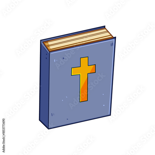 Cartoon book showing a golden christian cross on its blue cover, symbolizing core concepts of christianity, religious education, spirituality, and divine guidance