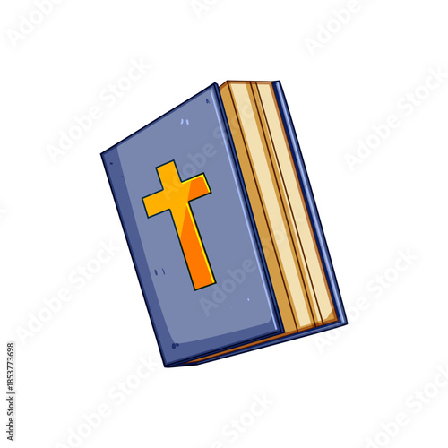 Holy book with a gold cross embossed on a blue cover, simple vector illustration representing christian faith, spirituality, worship, scripture, and religious devotion