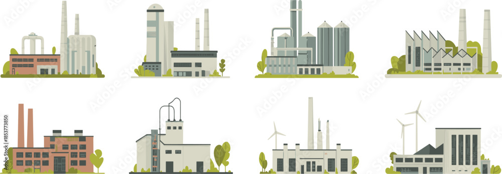 Obraz premium Industrial factory and power plant illustration set showing manufacturing buildings, energy facilities, renewable and traditional industry infrastructure, flat minimalist design