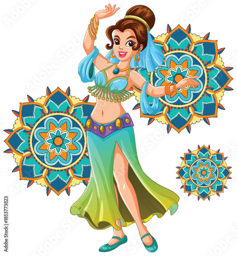 Smiling Belly Dancer Performing with Mandala Background Elements