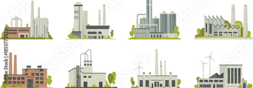 Industrial factory and power plant illustration set showing manufacturing buildings, energy facilities, renewable and traditional industry infrastructure, flat minimalist design