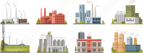 Industrial factory and power plant illustration set showing manufacturing buildings, energy facilities, renewable and traditional industry infrastructure, flat minimalist design