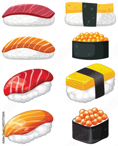 Assorted Sushi Vector Set with Nigiri and Gunkan Maki