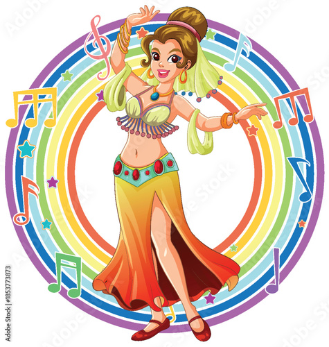 Smiling Belly Dancer Performing in Colorful Musical Circle