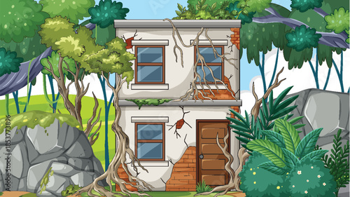 Abandoned Two Story House Overtaken by Jungle Vines