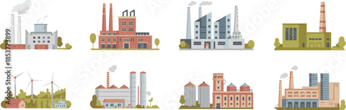 Industrial factory and power plant illustration set showing manufacturing buildings, energy facilities, renewable and traditional industry infrastructure, flat minimalist design
