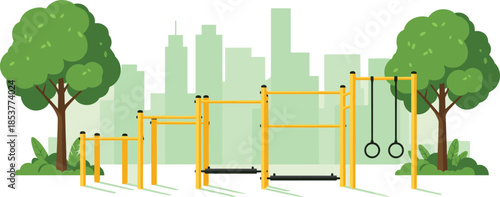 Outdoor fitness playground illustration with workout bars and rings, urban park exercise equipment scene, healthy lifestyle concept, isolated background