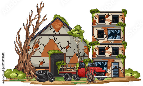 Abandoned Urban Buildings With Rusty Truck and Dead Tree