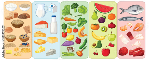 Balanced Food Groups Vector Illustration with Colorful Icons