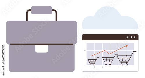 Briefcase next to a browser window with growing sales graph and shopping carts. Ideal for e-commerce, marketing, business strategy, growth, online retail, sales success, digital trends. A simple flat