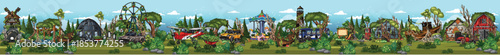 Colorful Amusement Park Panorama with Rides and Attractions
