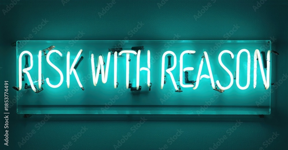 Fototapeta premium Bright neon sign displays text Risk With Reason. Turquoise glow contrasts dark background. Minimalist aesthetic, motivational message.