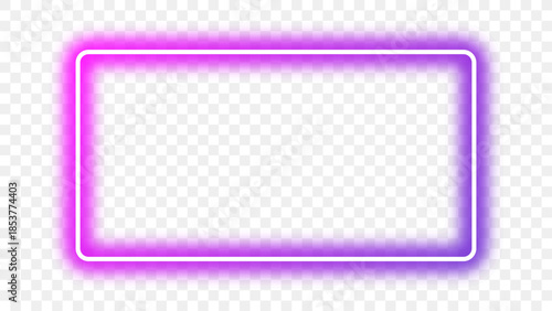 Neon glowing pink and purple gradient rectangular frame on transparent background. Glowing border with bright futuristic neon effect. Shining rectangle with empty center. Vector illustration.