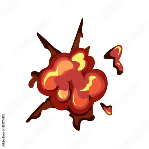 Stylized fiery explosion effect, orange red smoke cloud with flying debris and energy burst, flat comicgame art on white background, bold, dynamic, high impact visual