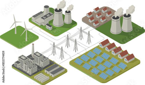 Isometric energy distribution network illustration, wind solar thermal power plants connected to grid, electricity transmission to residential areas