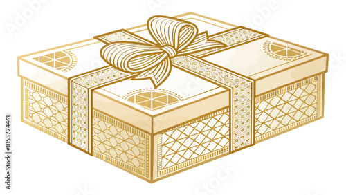 Elegant gift box with intricate golden designs and ribbon