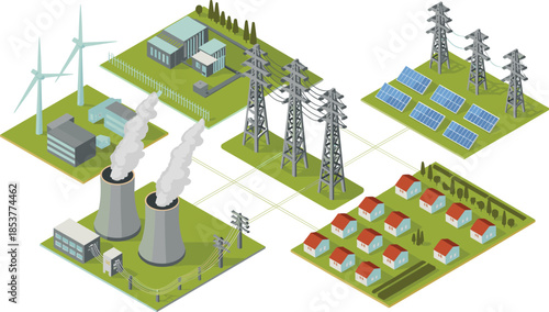 Isometric energy distribution network illustration, wind solar thermal power plants connected to grid, electricity transmission to residential areas