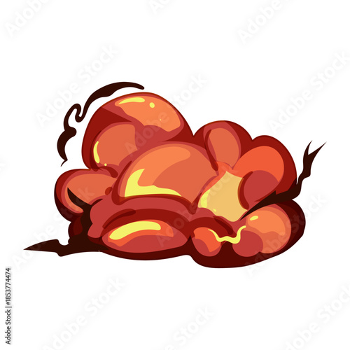 Stylized fiery explosion with bursting flames and dark smoke, dynamic boombang effect for comic, game or design projects, bright orange red yellow visual impact on white