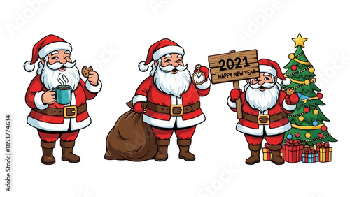 Three cheerful Santas celebrating the New Year, one holding a cookie and hot drink, another with a sack, and the third with a 2021 sign and Christmas tree.