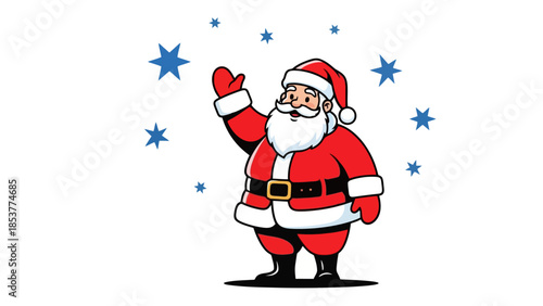 A cheerful cartoon illustration of Santa Claus waving with a big smile, surrounded by blue stars on a white background, evoking a festive holiday spirit.