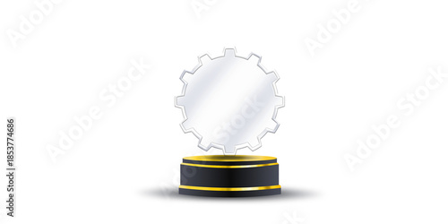 Gear trophy award with metallic cog shape on black background for engineering achievement and industrial corporate recognition