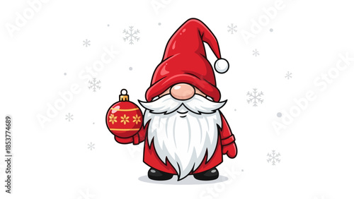 A charming cartoon illustration of a festive gnome wearing a red hat and coat, holding a red Christmas ornament with snowflakes and stars.