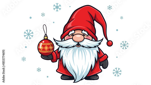 A charming cartoon illustration of a cheerful gnome wearing a red hat and holding a festive Christmas ornament amidst falling snowflakes.