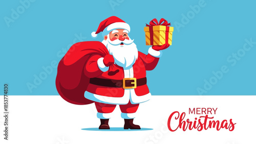 A jolly Santa Claus in his iconic red suit, holding a gift and a sack of presents, wishing everyone a Merry Christmas.